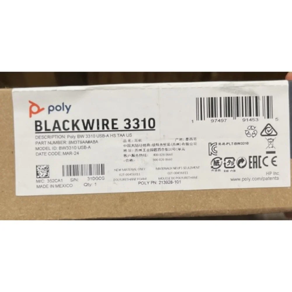 Poly Blackwire 3310 Headset - Mono - USB Type A, Mini-Phone (3.5mm) - Wired - 32